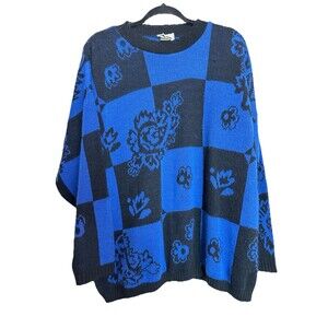 Vtg Classic Essentials 80s 90s Blue Black Floral Checkered Knit Sweater 20W 40
